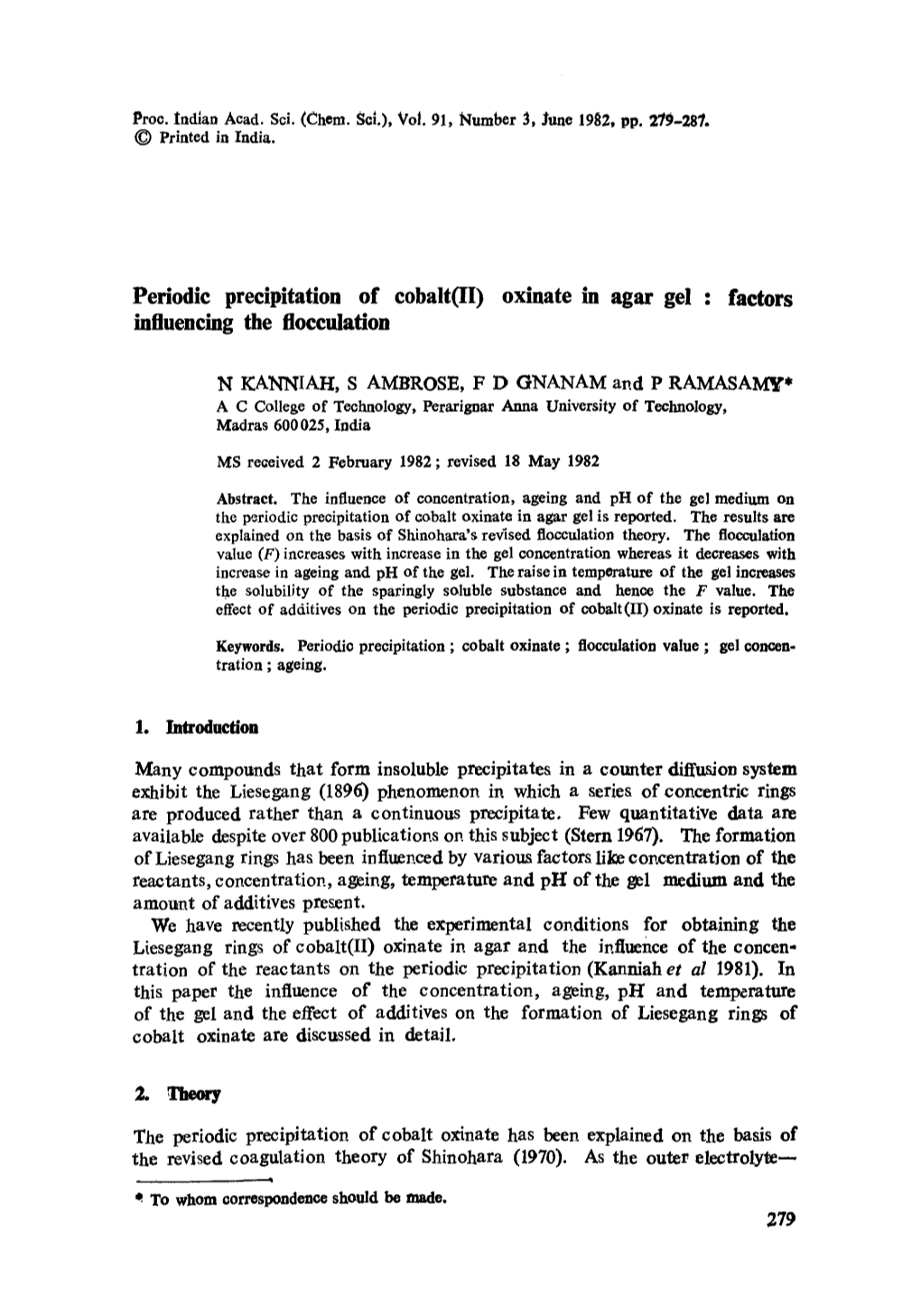 Periodic Precipitation of Cobalt(II) Oxinate in Agar Gel : Factors Influencing the Flocculation