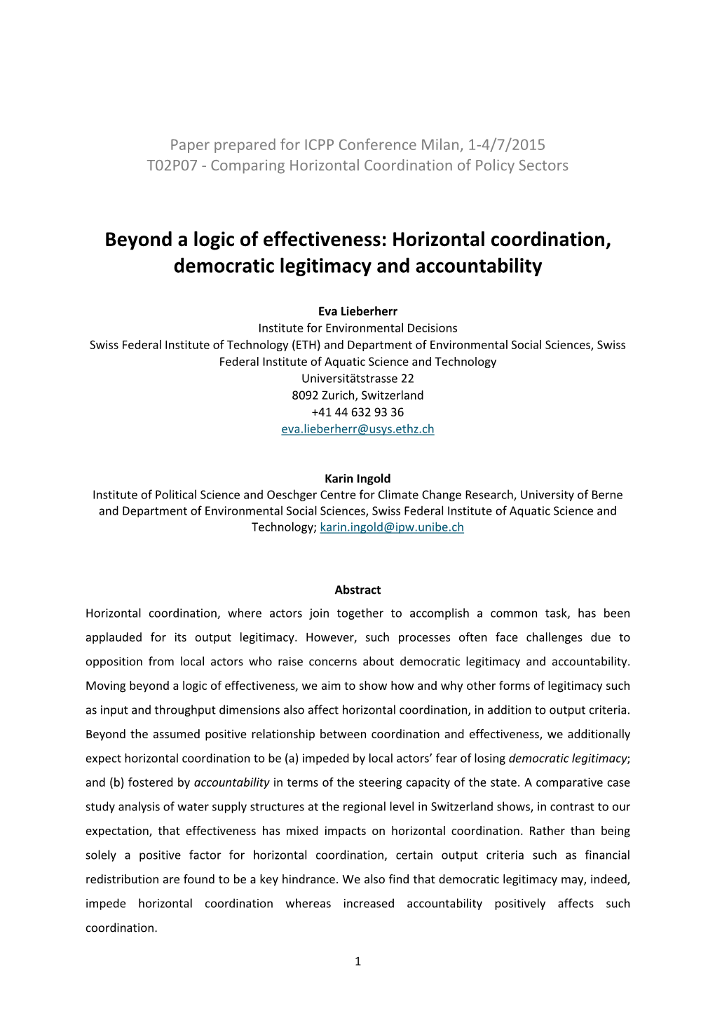 Horizontal Coordination, Democratic Legitimacy and Accountability