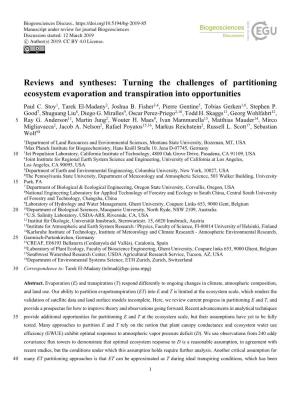 Turning the Challenges of Partitioning Ecosystem Evaporation and Transpiration Into Opportunities Paul C
