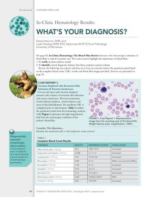 In-Clinic Hematology Results: WHAT’S YOUR DIAGNOSIS? Daniel Heinrich, DVM, and Leslie Sharkey, DVM, Phd, Diplomate ACVP (Clinical Pathology) University of Minnesota
