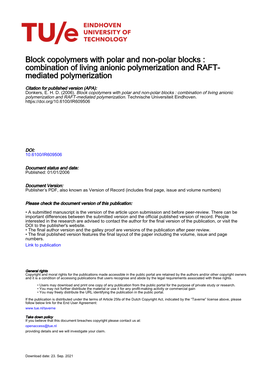 Block Copolymers with Polar and Non-Polar Blocks : Combination of Living Anionic Polymerization and RAFT- Mediated Polymerization