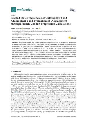 Excited State Frequencies of Chlorophyll F and Chlorophyll a and Evaluation of Displacement Through Franck-Condon Progression Calculations