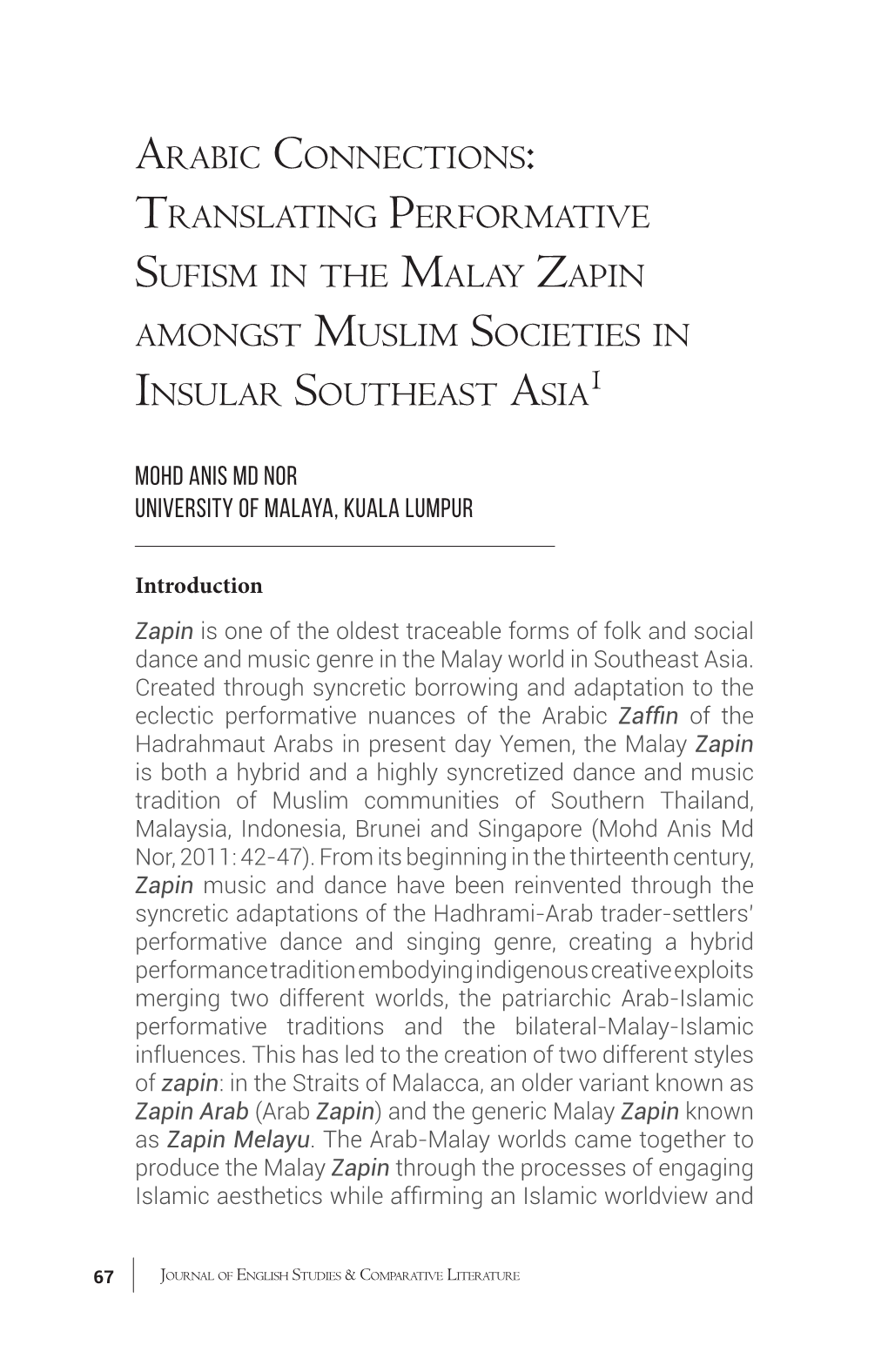 Arabic Connections: Translating Performative Sufism in the Malay Zapin Amongst Muslim Societies in Insular Southeast Asia1