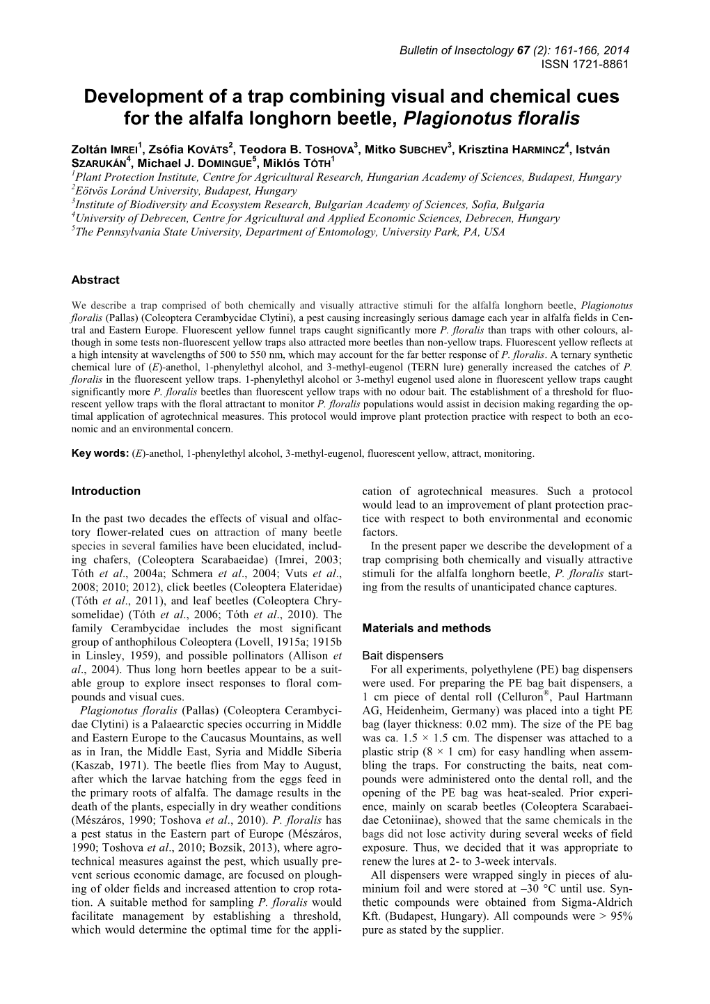 Development of a Trap Combining Visual and Chemical Cues for the Alfalfa Longhorn Beetle, Plagionotus Floralis