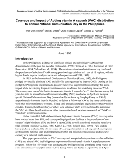 Coverage and Impact of Adding Vitamin a Capsule (VAC) Distribution to Annual National Immunization Day in the Philippines Rolf D.W
