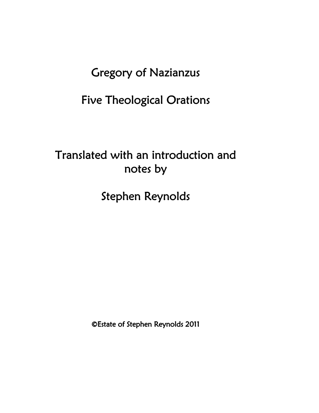 Gregory of Nazianzus Five Theological Orations Translated