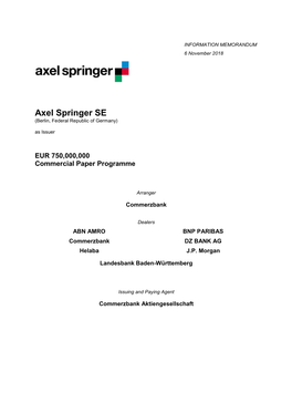Axel Springer SE (Berlin, Federal Republic of Germany) As Issuer