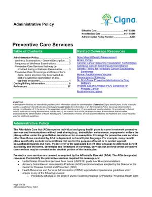 Preventive Care Services Table of Contents Related Coverage Resources