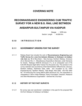 Covering Note Reconnaissance Engineering Cum Traffic Survey for a New B.G. Rail Line Between Akbarpur-Sultanpur Via Kadipur