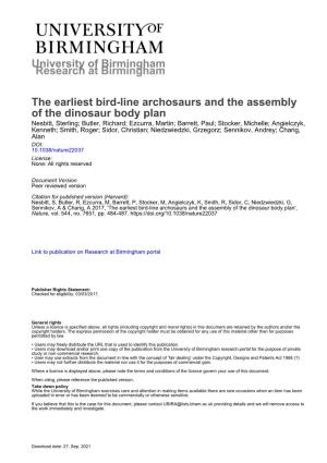 University of Birmingham the Earliest Bird-Line Archosaurs and The