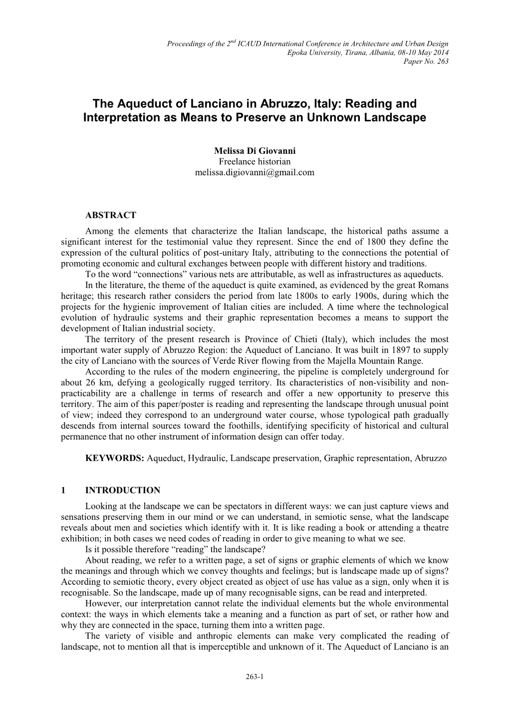 The Aqueduct of Lanciano in Abruzzo, Italy: Reading and Interpretation As Means to Preserve an Unknown Landscape