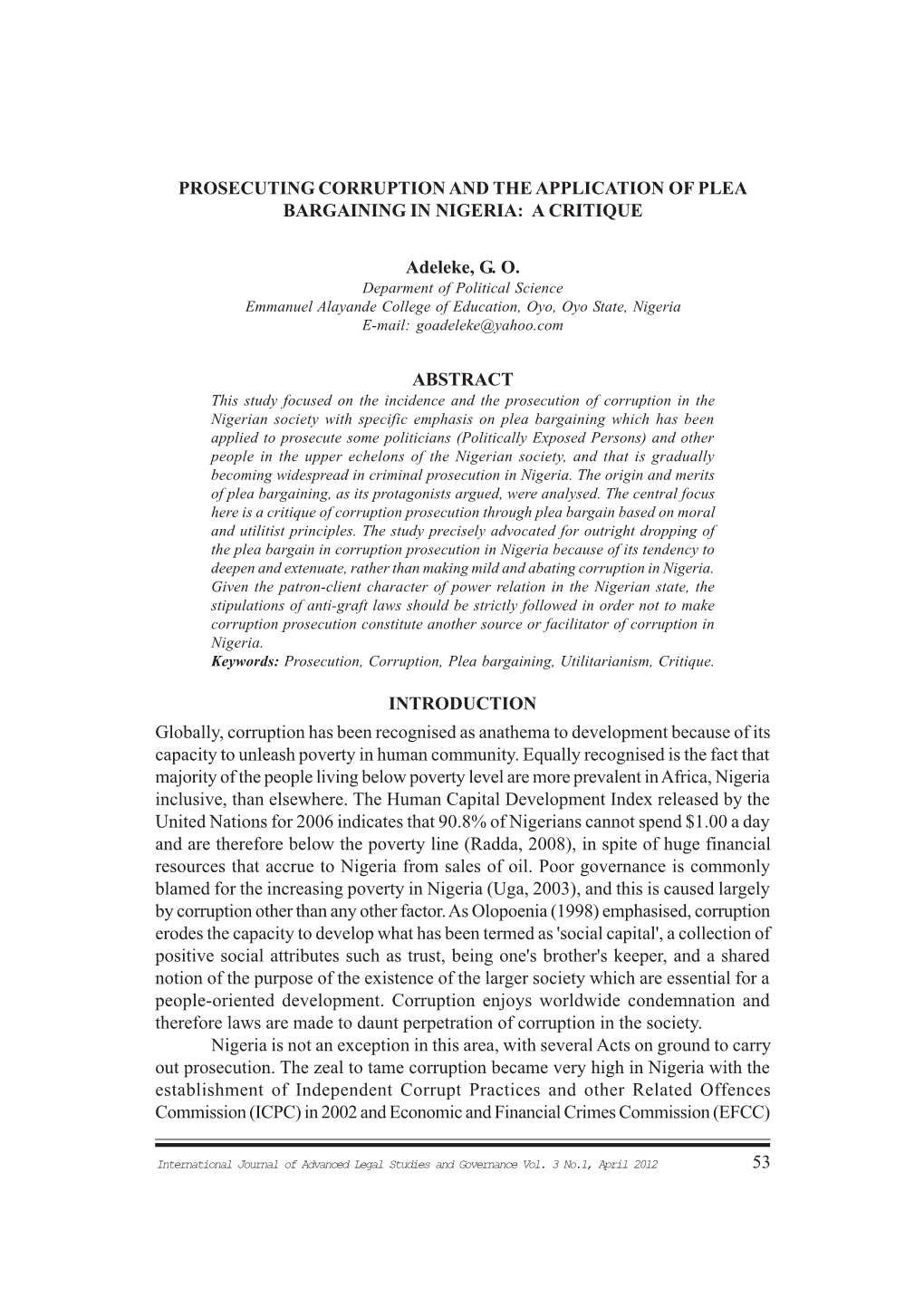 Prosecuting Corruption and the Application of Plea Bargaining in Nigeria: a Critique