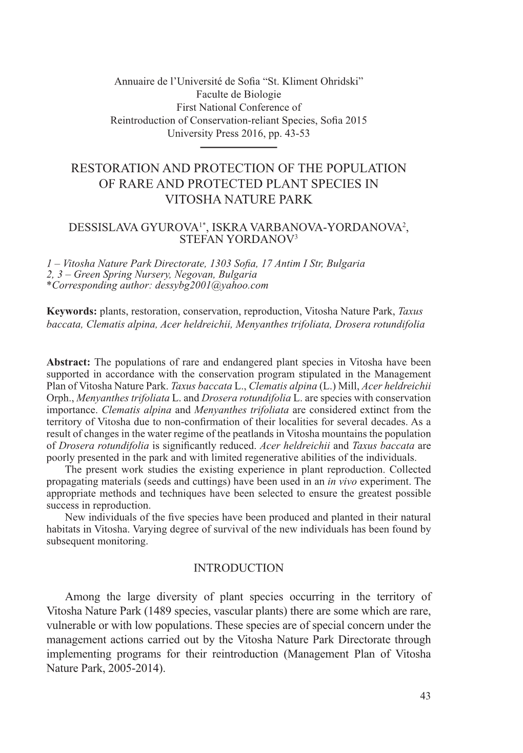 Restoration and Protection of the Population of Rare and Protected Plant Species in Vitosha Nature Park