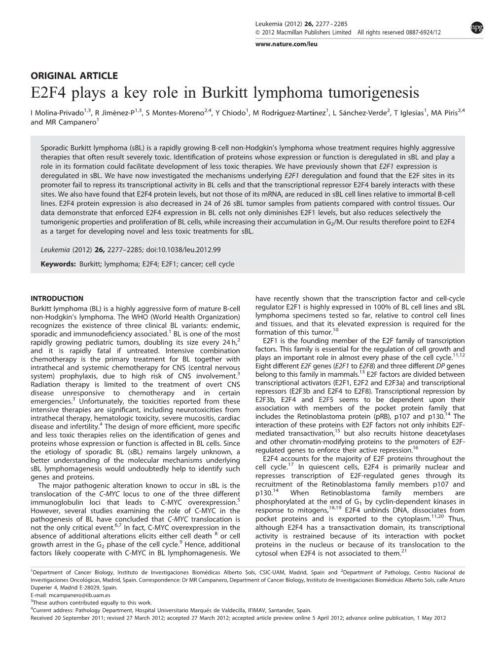 E2F4 Plays a Key Role in Burkitt Lymphoma Tumorigenesis