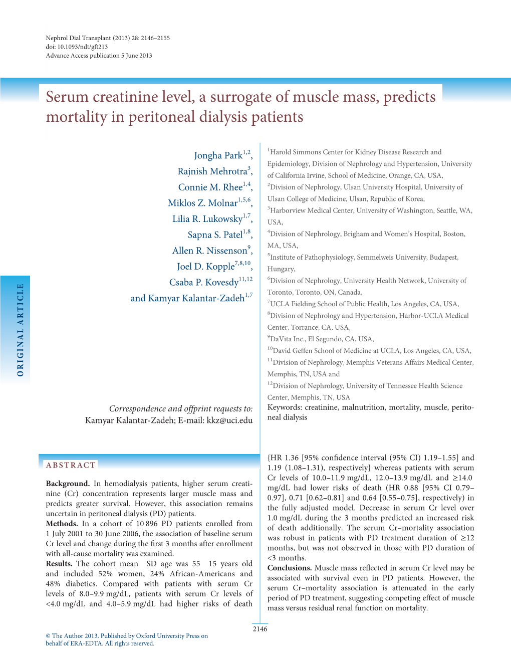 Serum Creatinine Level, a Surrogate of Muscle Mass, Predicts Mortality in Peritoneal Dialysis Patients