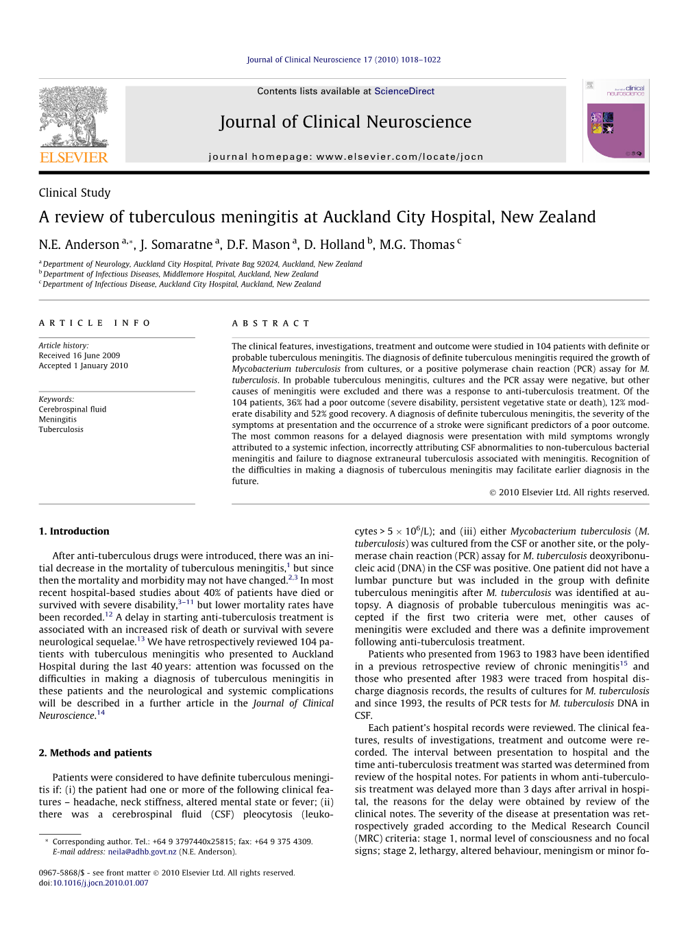 A Review of Tuberculous Meningitis at Auckland City Hospital, New Zealand