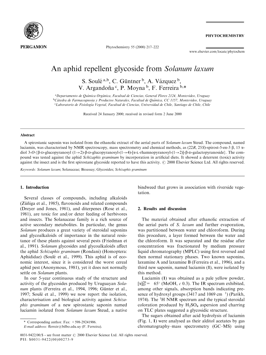 An Aphid Repellent Glycoside from Solanum Laxum