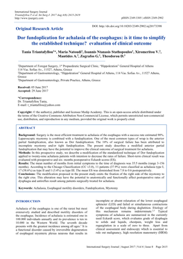 Dor Fundoplication for Achalasia of the Esophagus: Is It Time to Simplify the Established Technique? Evaluation of Clinical Outcome