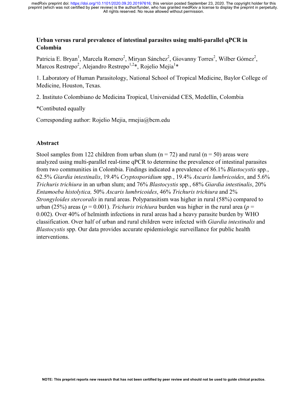 Urban Versus Rural Prevalence of Intestinal Parasites Using Multi-Parallel Qpcr in Colombia Patricia E