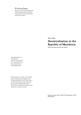 Decentralisation in the Republic of Macedonia Republic of Macedonia