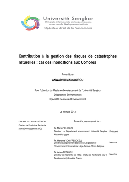 Contribution À La Gestion Des Risques De Catastrophes Naturelles : Cas Des Inondations Aux Comores