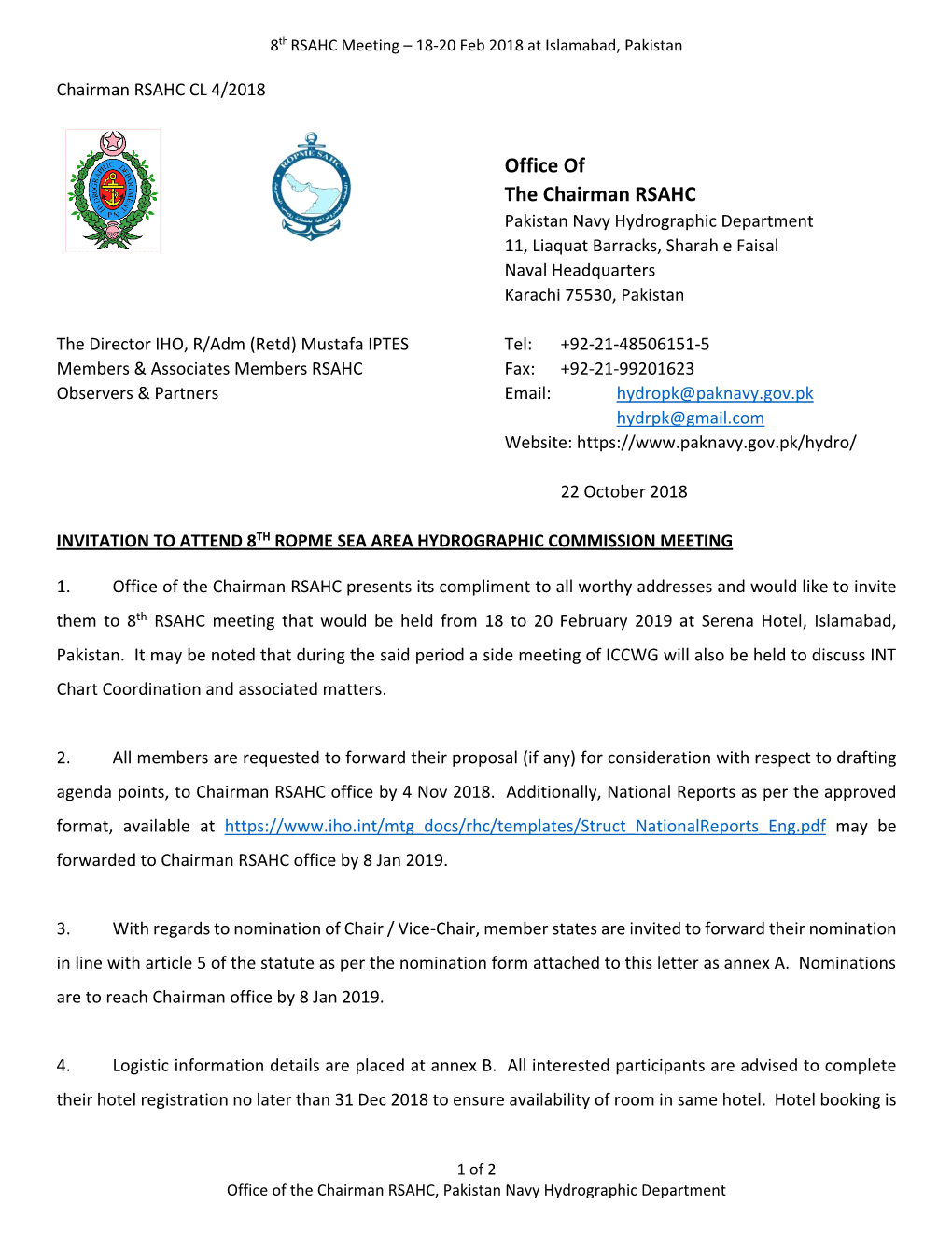 Office of the Chairman RSAHC Pakistan Navy Hydrographic Department 11, Liaquat Barracks, Sharah E Faisal Naval Headquarters Karachi 75530, Pakistan