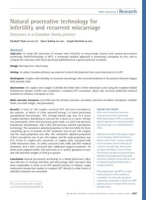 Natural Procreative Technology for Infertility and Recurrent Miscarriage Outcomes in a Canadian Family Practice