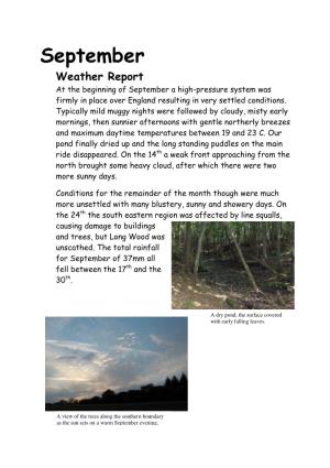 September Weather Report at the Beginning of September a High-Pressure System Was Firmly in Place Over England Resulting in Very Settled Conditions