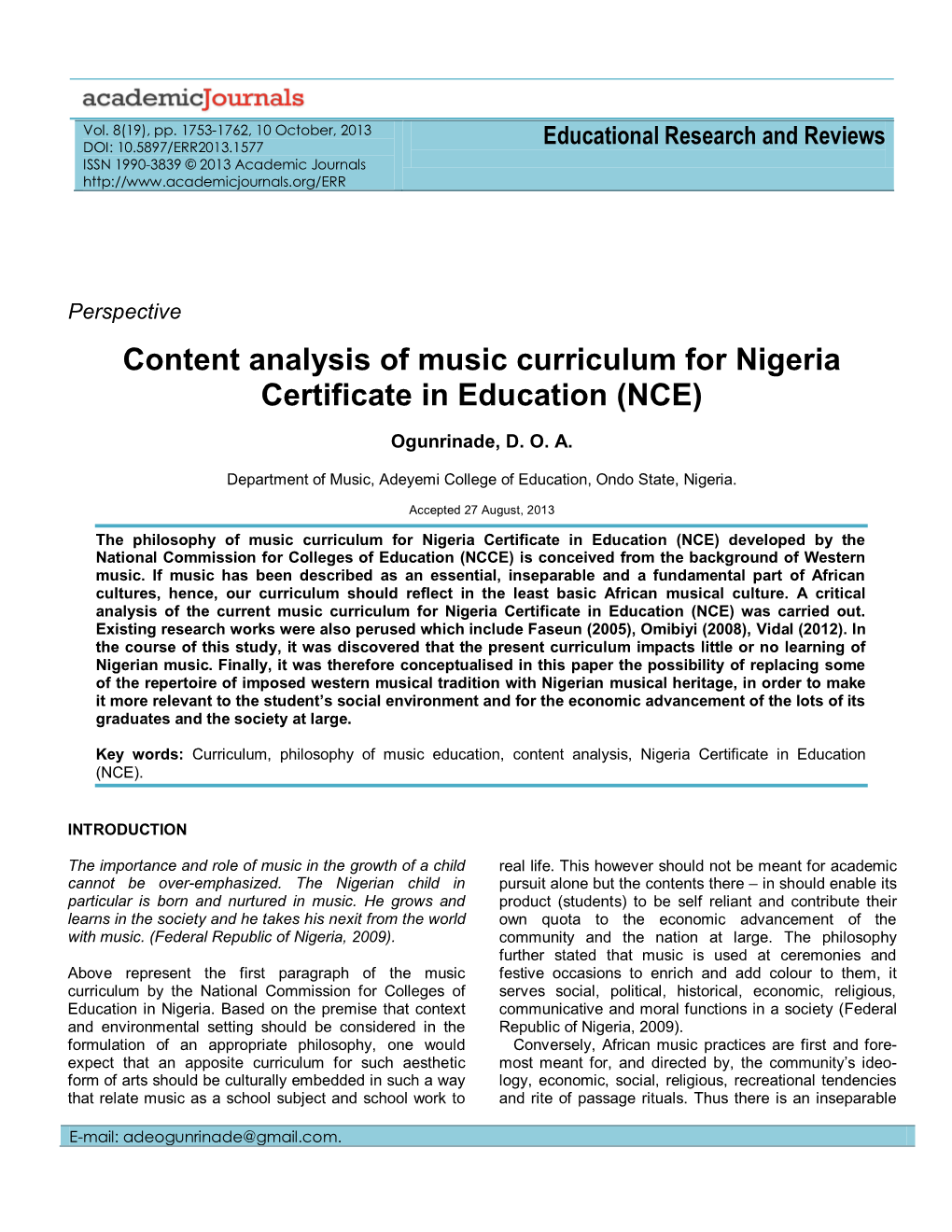 Content Analysis of Music Curriculum for Nigeria Certificate in Education (NCE)