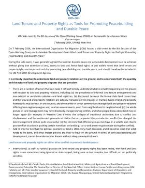 Land Tenure and Property Rights As Tools for Promoting Peacebuilding and Durable Peace