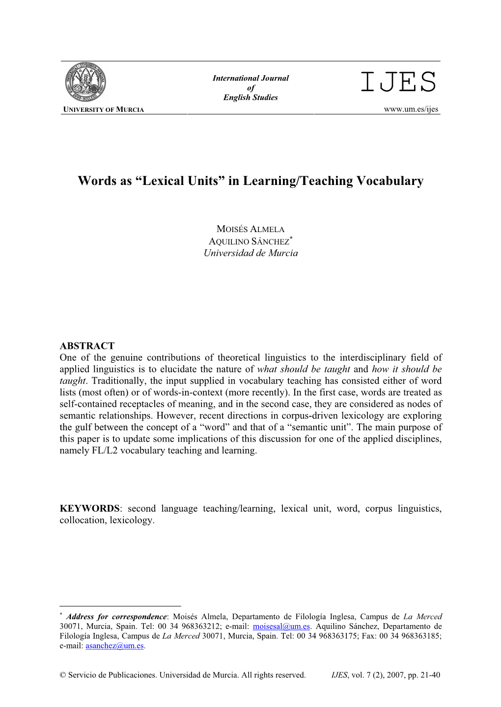 Lexical Units” in Learning/Teaching Vocabulary