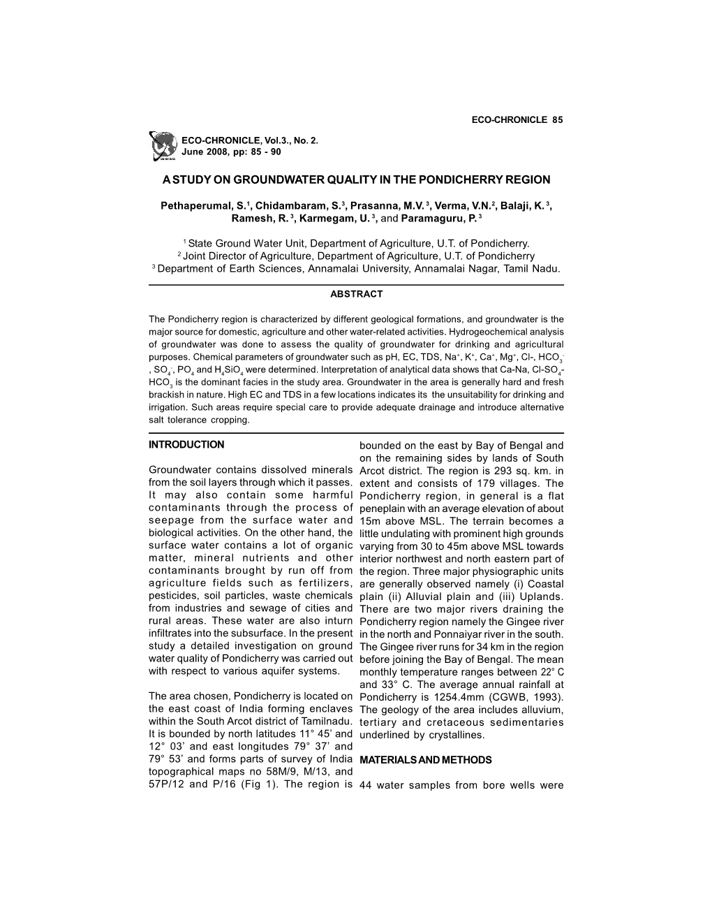 A Study on Groundwater Quality in the Pondicherry Region