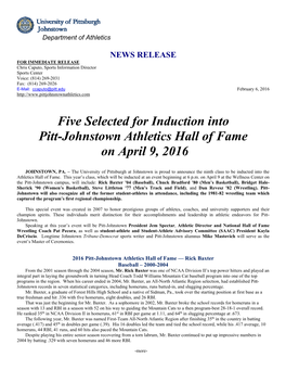 Five Selected for Induction Into Pitt-Johnstown Athletics Hall of Fame on April 9, 2016