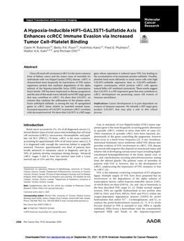 A Hypoxia-Inducible HIF1–GAL3ST1-Sulfatide Axis Enhances Ccrcc Immune Evasion Via Increased Tumor Cell–Platelet Binding Claire M