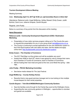 Tourism Development Alliance Meeting Meeting Summary Date