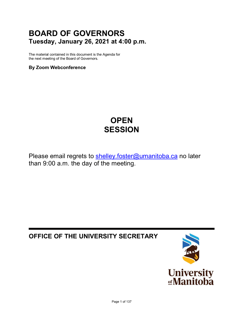 BOARD of GOVERNORS OPEN SESSION Page 1 of 2 Tuesday, January 26, 2021 at 4:00 P.M