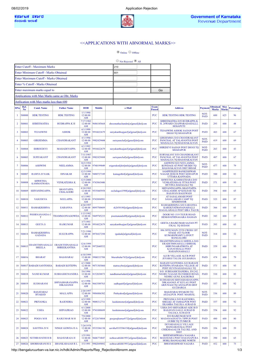 <<APPLICATIONS with ABNORMAL MARKS>>