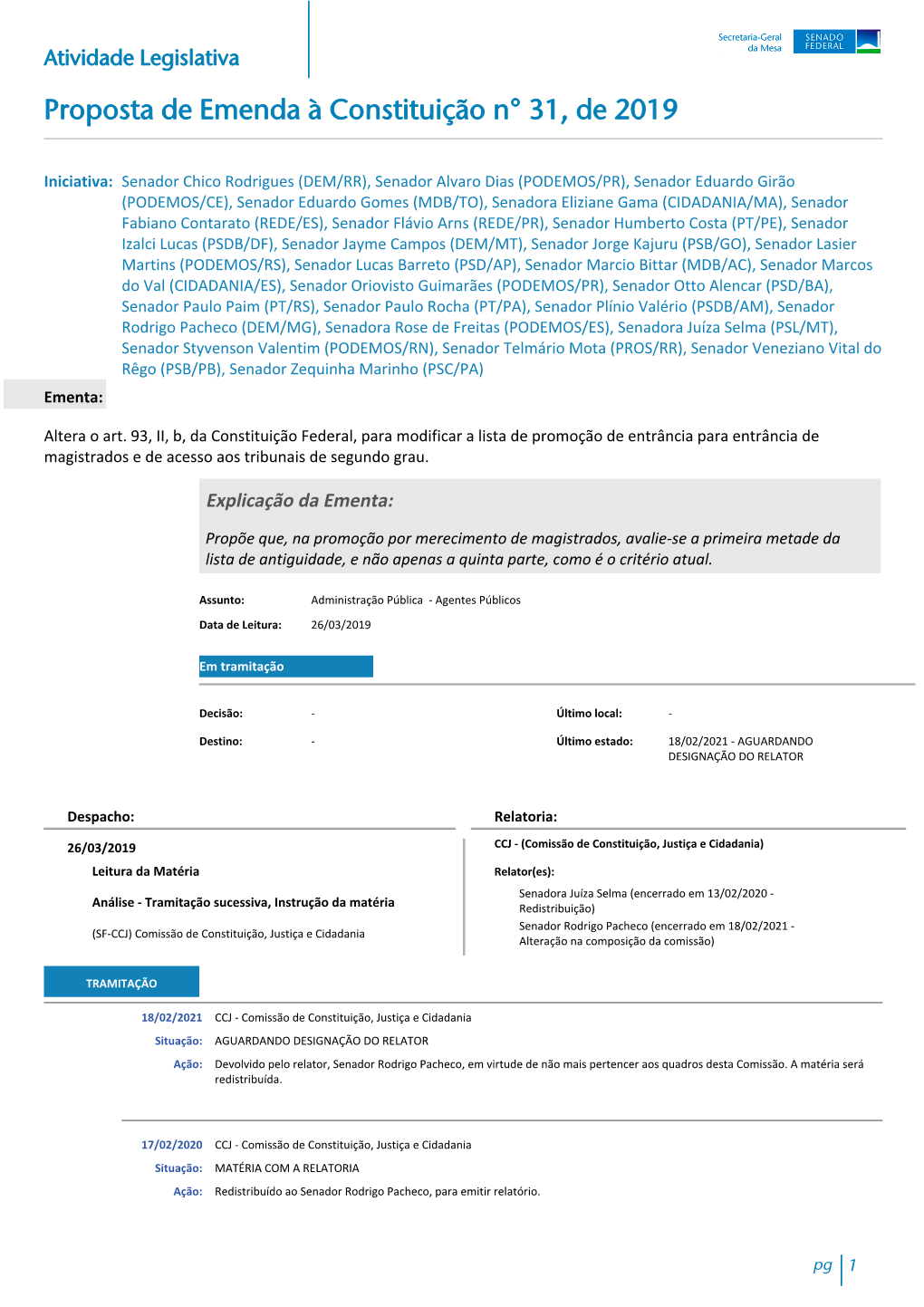 Atividade Legislativa Proposta De Emenda À Constituição N° 31, De 2019