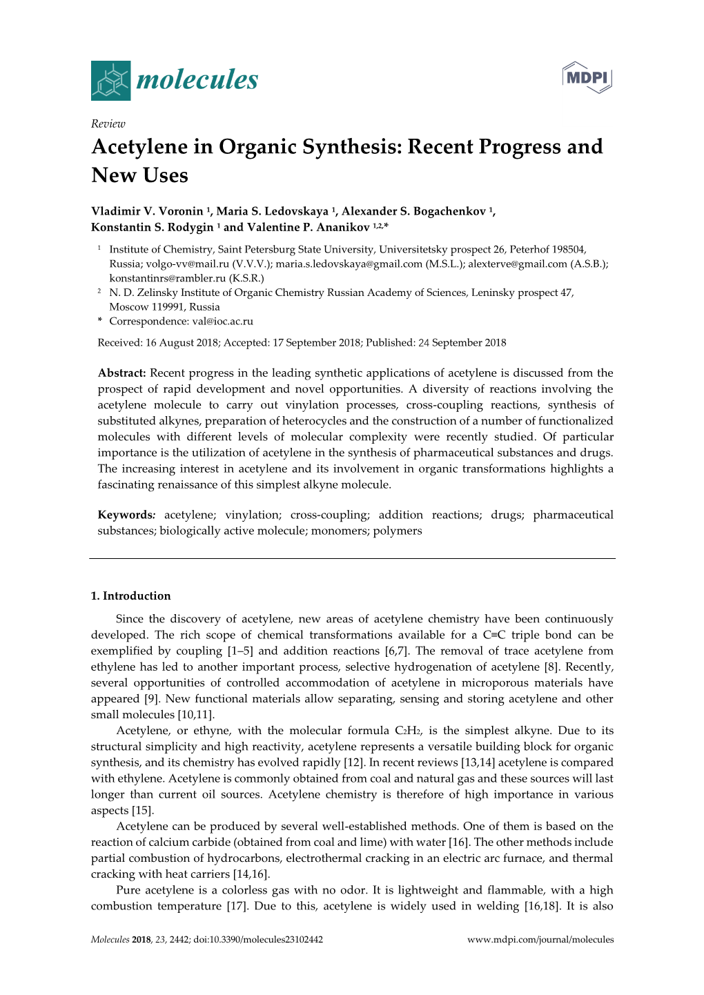 Acetylene in Organic Synthesis: Recent Progress and New Uses