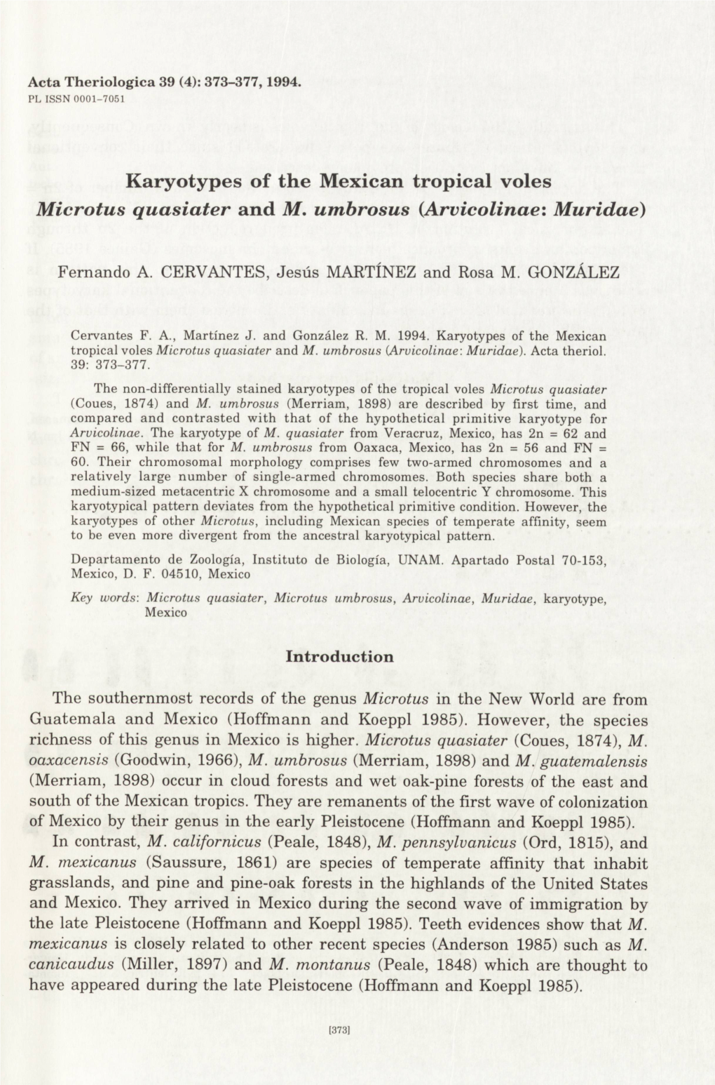 Karyotypes of the Mexican Tropical Voles Microtus Quasiater and M