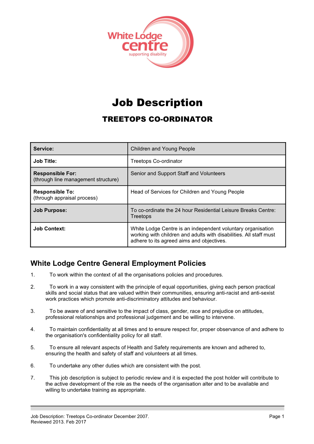 White Lodge Centre General Employment Policies