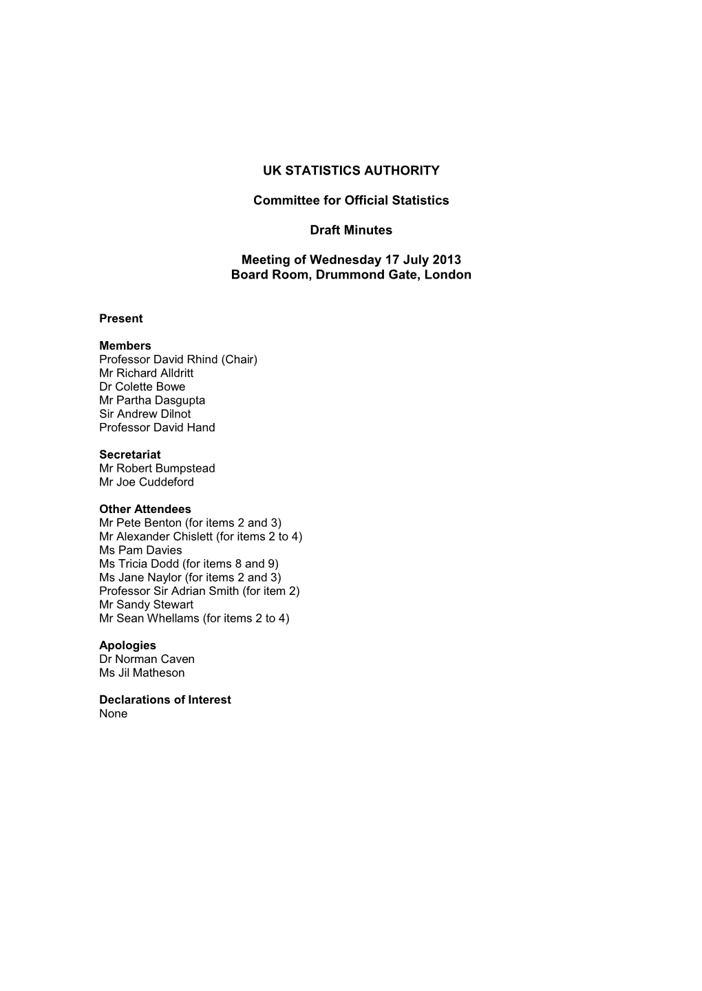 Papers from the Committee for Official Statistics Meeting on 17 July 2013