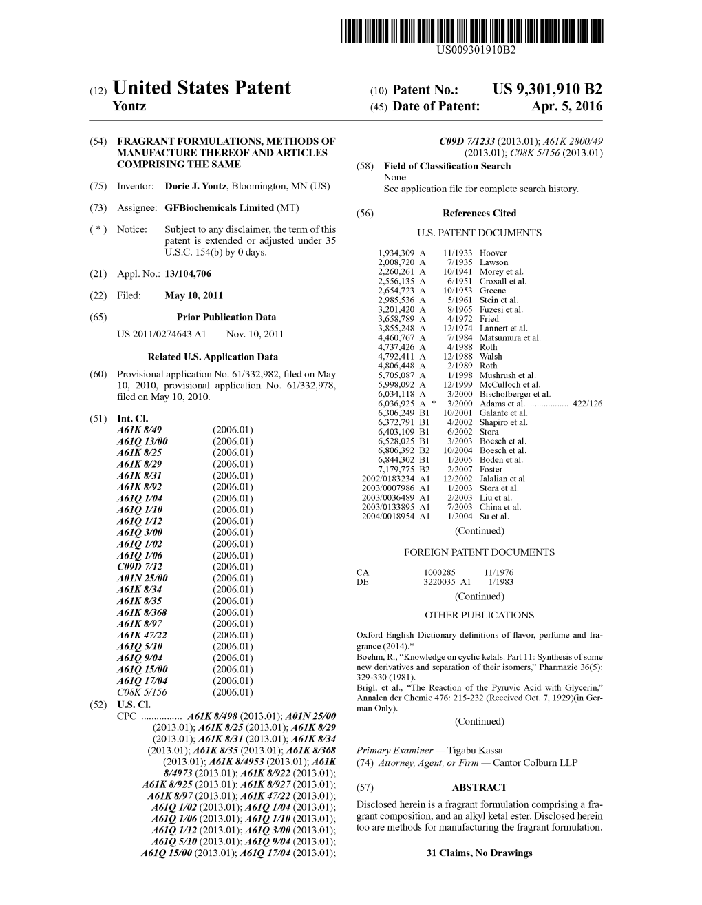 (12) United States Patent (10) Patent No.: US 9,301.910 B2 Yontz (45) Date of Patent: Apr