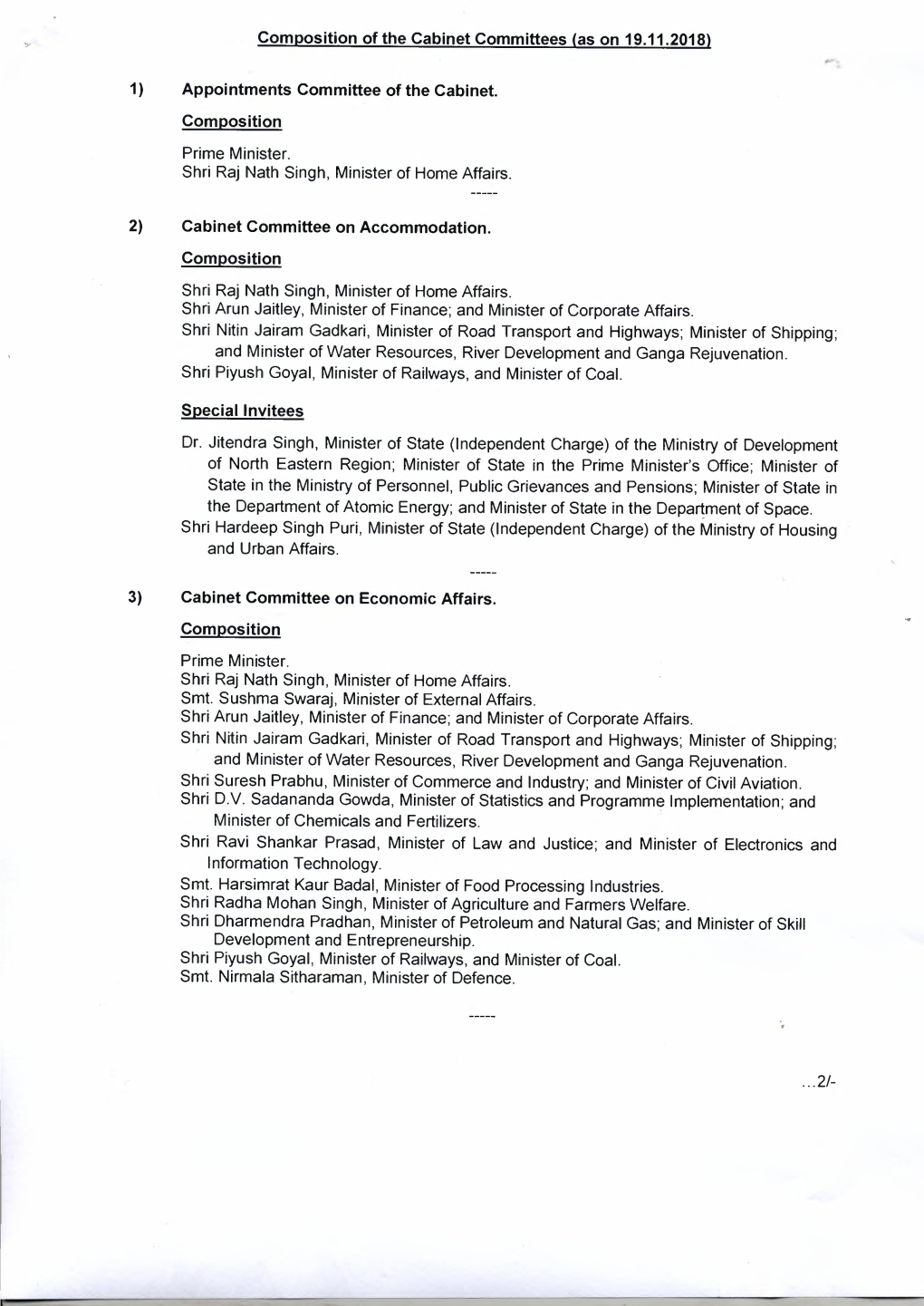 Composition of the Cabinet Committees (As on 19.11.2018) 1) Appointments Committee of the Cabinet. Composition Prime Minister. S