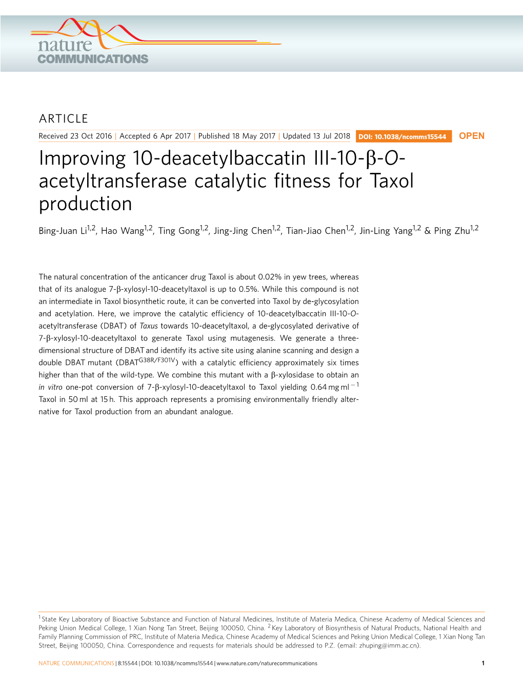 Improving 10-Deacetylbaccatin III-10-Β-O-Acetyltransferase Catalytic