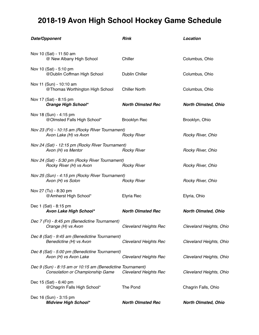 2018-19 Avon High School Hockey Game Schedule-Nov6