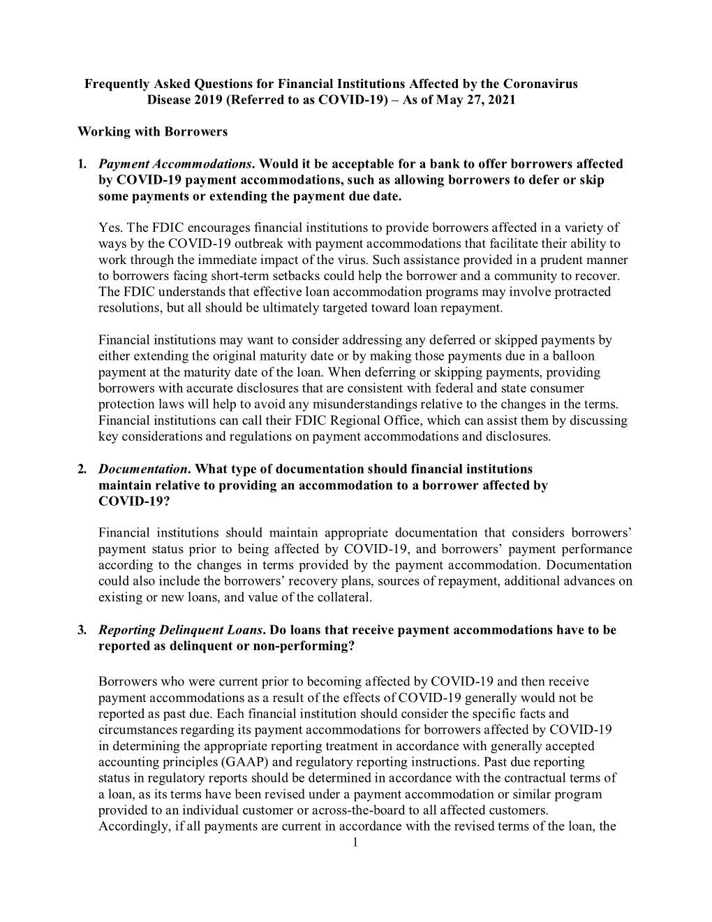 Frequently Asked Questions for Financial Institutions Affected by the Coronavirus Disease 2019 (Referred to As COVID-19) – As of May 27, 2021