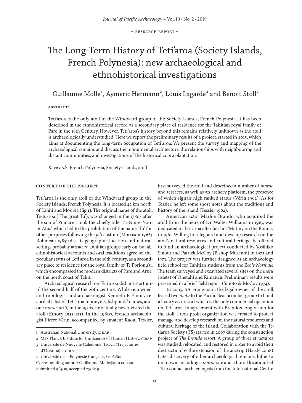 The Long-Term History of Teti'aroa (Society Islands, French Polynesia)