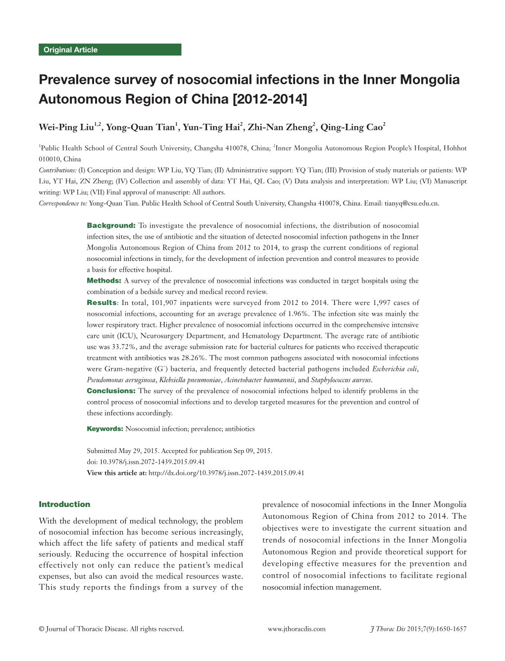 Prevalence Survey of Nosocomial Infections in the Inner Mongolia Autonomous Region of China [2012-2014]