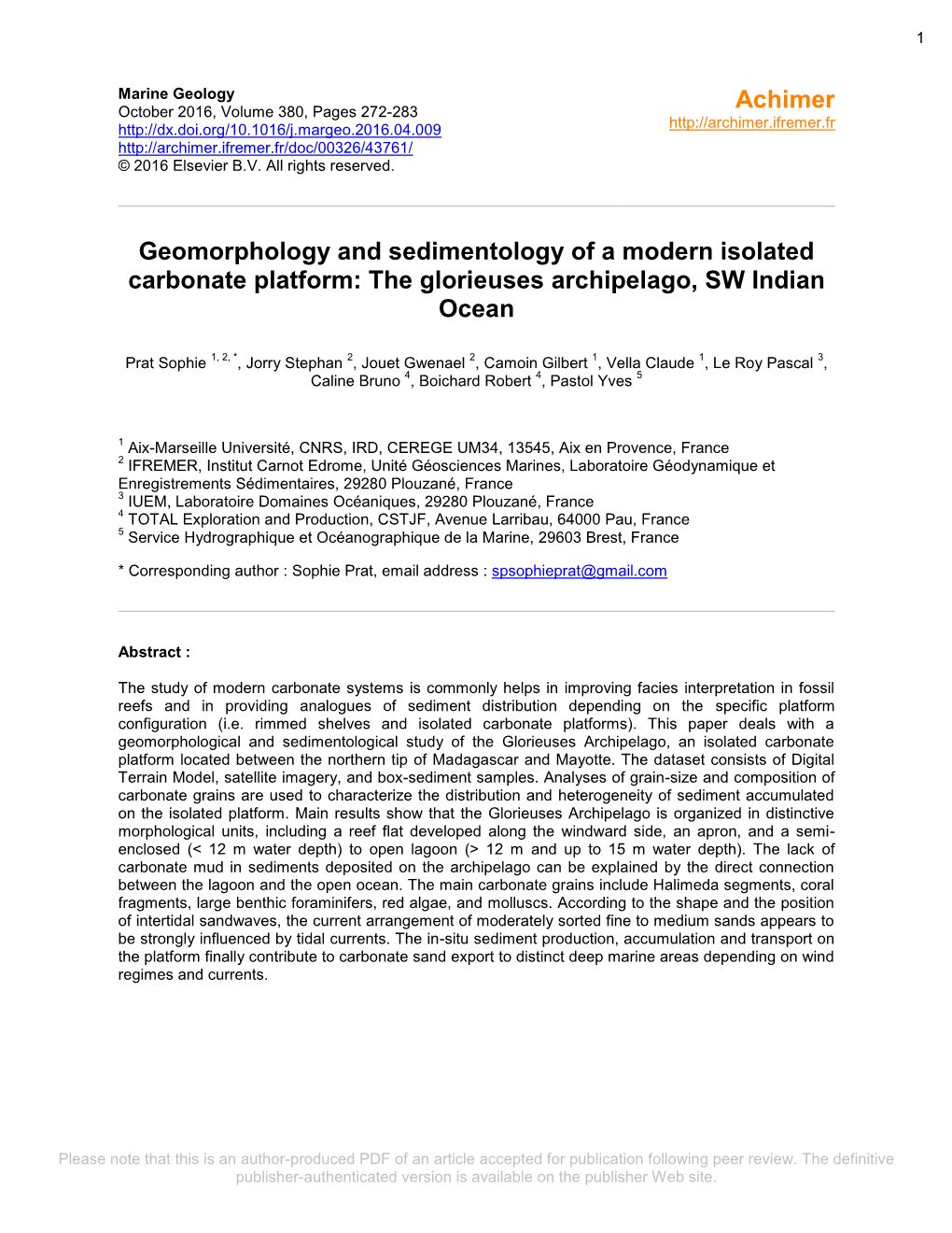 Geomorphology and Sedimentology of a Modern Isolated Carbonate Platform: the Glorieuses Archipelago, SW Indian Ocean